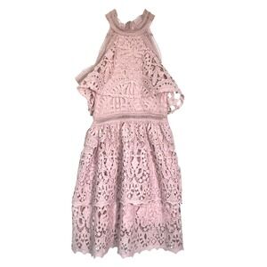 CHICWISH‎ Size XS Pink Lace Halter Dress Tiered Ruffle Sleeveless Party Cocktail